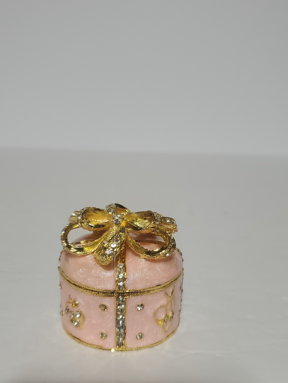 Pink Enamel Trinket Box with Gold Bow Accent